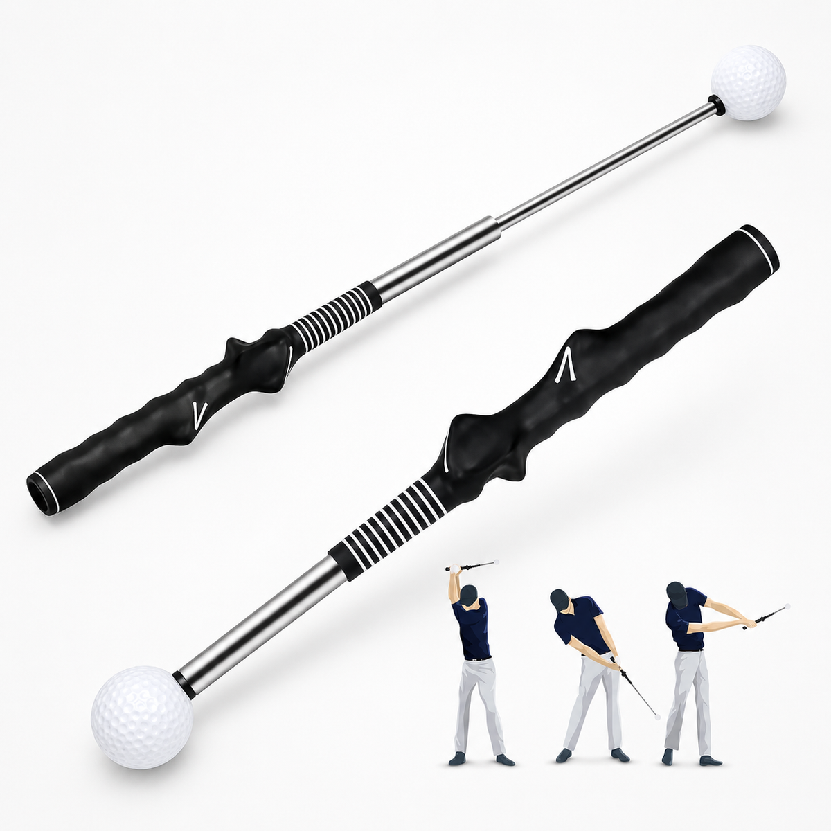 Golf training aid with adjustable length and a golf ball on a white background