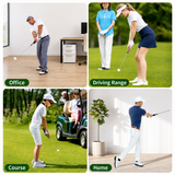 Four scenarios of people playing golf in different settings: office, driving range, course, and home.