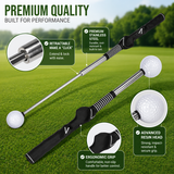Golf training aid with features highlighted on a grassy background