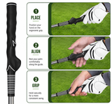 Golf club with ergonomic grip instructions on a green background