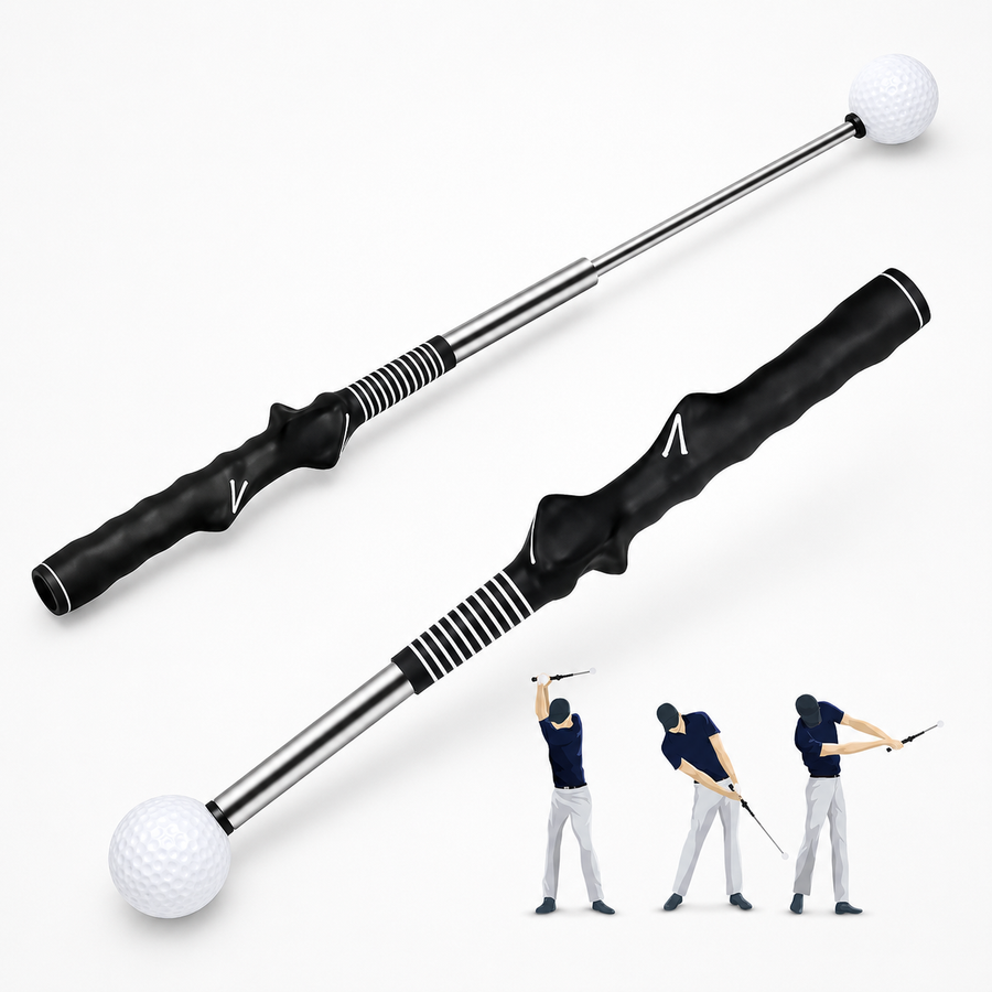 Golf training aid with adjustable length and a golf ball on a white background